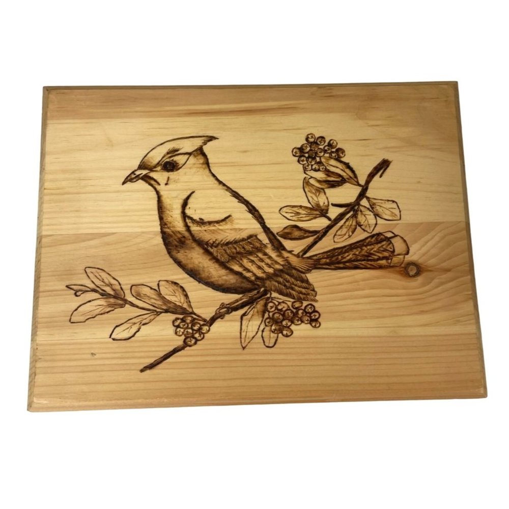 Handmade Original Wood Burning Burn Art, Bird on Branches Berries 12x9